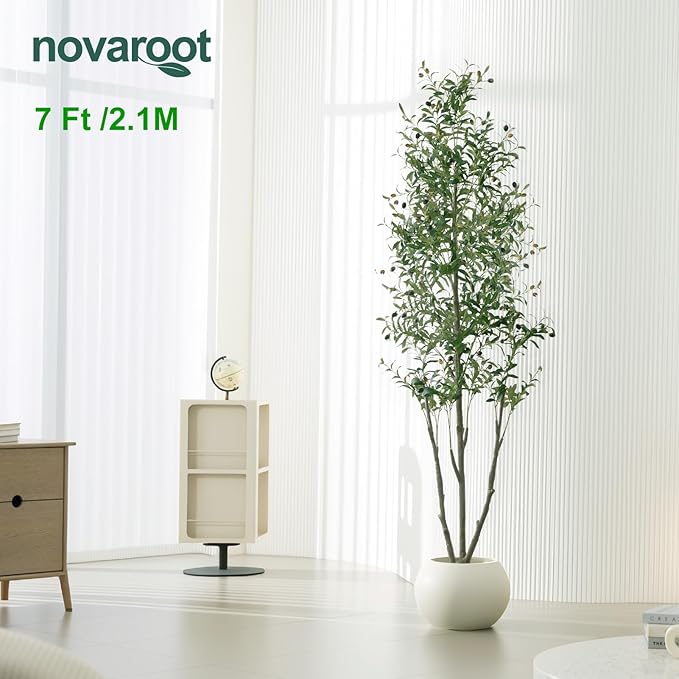 Olive Trees Artificial Indoor, 7FT Tall Faux Olive Tree with Moss and Planter, Artificial Plants Indoor with Natural Wood Trunk and Lifelike Fruits, Fake Tree for Home Office Living Room Decor