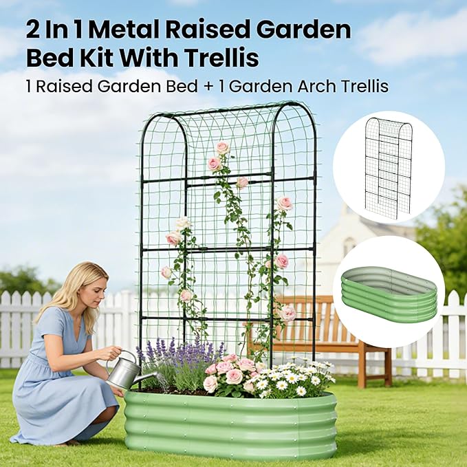 DoCred 2 in 1 Galvanized Raised Garden Bed, 2Pcs Garden Planter Box with 71" H Trellis for Climbing Plants, Outdoor Gardening Raised Beds with Climbing Net for Fruits, Vegetables, Flower (Green)