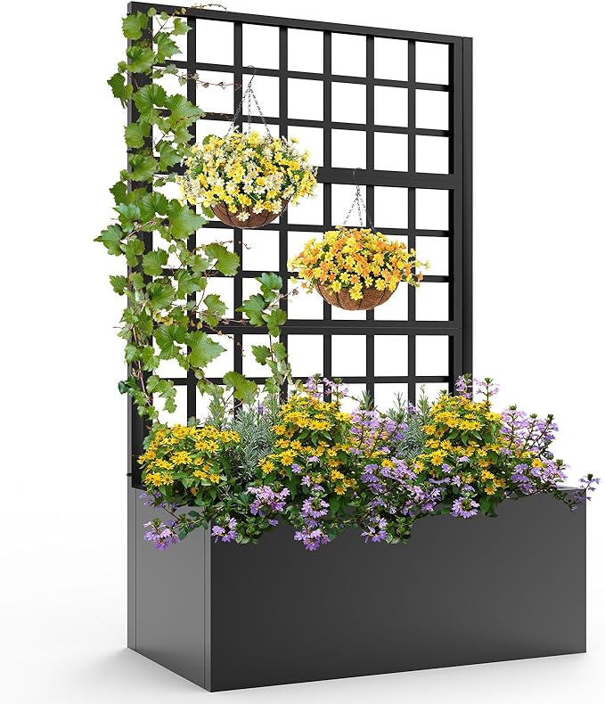 Metal Planter Box with Trellis - 63"(H)*31.5(L)*15.8"(W) Plastic-Coated Rustproof Trellis Planter, Raised Garden Bed with Trellis, Privacy Screen with Planter Box for Garden, Balcony, Patio