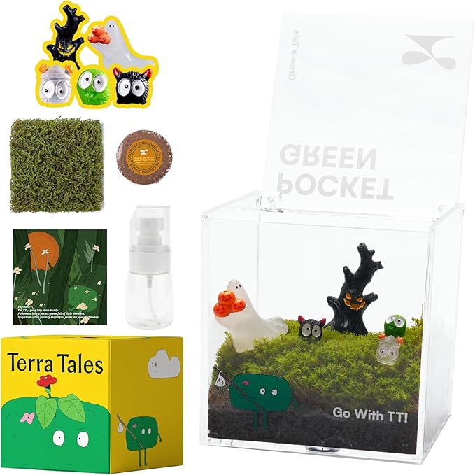 DIY Moss Terrarium Kit, 4 * 4 * 4 inch Acrylic Cube Mini Garden with Live Star Moss, Soil, Halloween Party-Craft Kit for Adults and Teens, Relaxing Desk Decor & Unique Gift for Home or Office