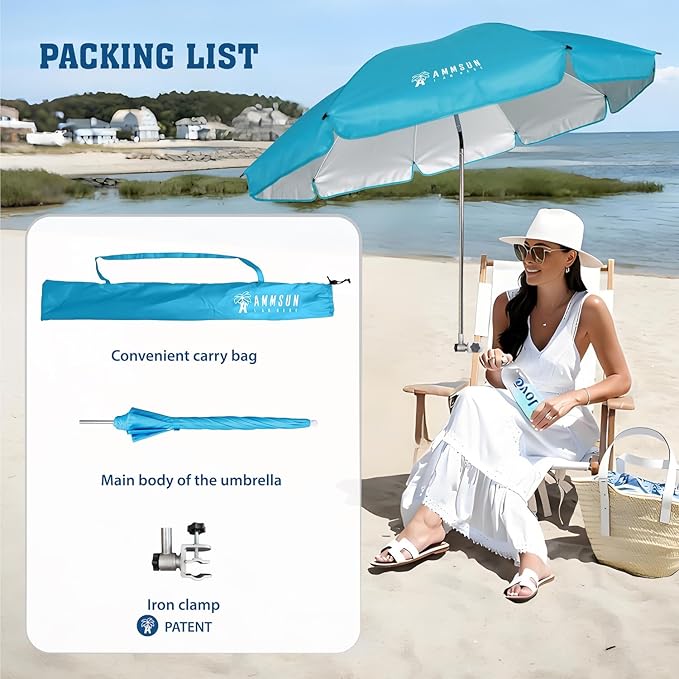 AMMSUN Chair Umbrella with Universal Clamp Adjustable 47 inches and 360° Swivel & UPF 50+ Protection Portable Sun Umbrella, Secure Clip on Camping/Beach Chairs, Stroller, Wheelchair, Golf cart, Lounger, Light Blue, 2 PACK