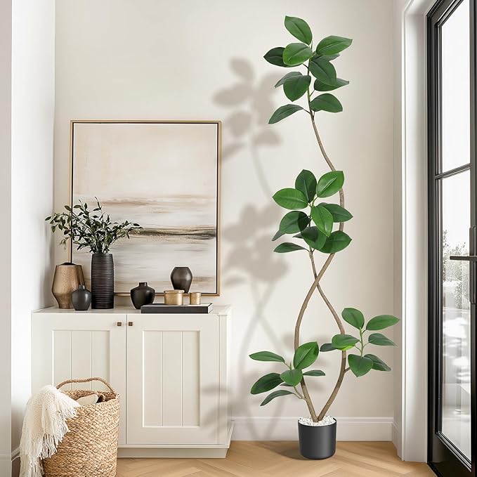 7ft Artificial Rubber Tree, Tall Fake Plants with Black Planters, Artificial Plants Indoor with White Pebbles for Home Decor Office Living Room