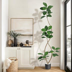 7ft Artificial Rubber Tree, Tall Fake Plants with Black Planters, Artificial Plants Indoor with White Pebbles for Home Decor Office Living Room