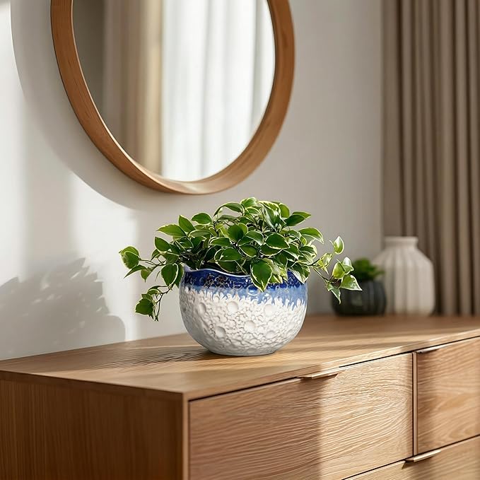 Ceramic Plant Pots - 6 Inch Orchid Pot for Indoor Outdoor Plants, Unique Pots for Plants with Drainage Hole and Plug, Modern Round Planter, Garden House Decor, Housewarming Gifts, Beige-blue