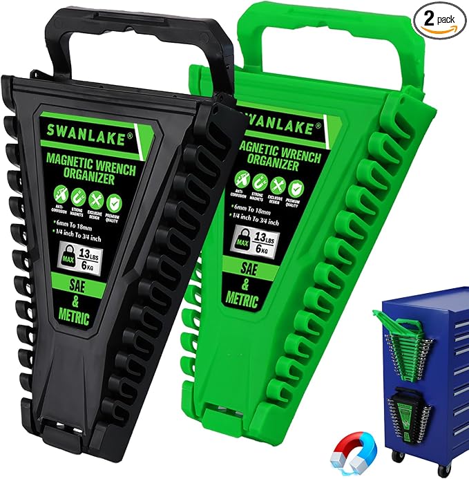 2-Piece Magnetic Wrench Organizer, Metric & SAE Portable Plastic Wrench Holder, 24-Slot Total, Foldable Carrying Handle for Wall-Mounted, Easy-Open Lock Cover, Wrenches Storage Rack Tool for Tool Box