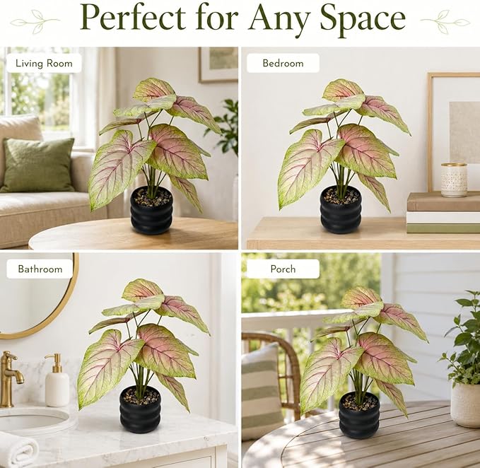 16'' Fake Plant Tall Artificial Caladium Plants Indoor with Black Planter Design, for Home Living Rooms Patios Porches Bathrooms Outdoor Decor (Red)