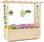 Giantex Raised Garden Bed with Sided Trellis & Hanging Roof, Wood Planter Box, Freestanding Garden Planter Raised Bed for Flowers Herbs Climbing Vines 45”x16”x41” (L x W x H)