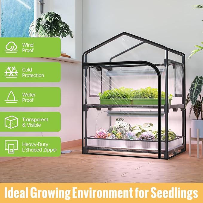 Mini Indoor Greenhouse with Grow Light, 2-Tier Plant Stand with PVC Tent, Ventilation Window, Bottom Pouch, 20W Full Spectrum Grow Light with Timer, for Seed Starting, 27" L x 19" W x 35" H