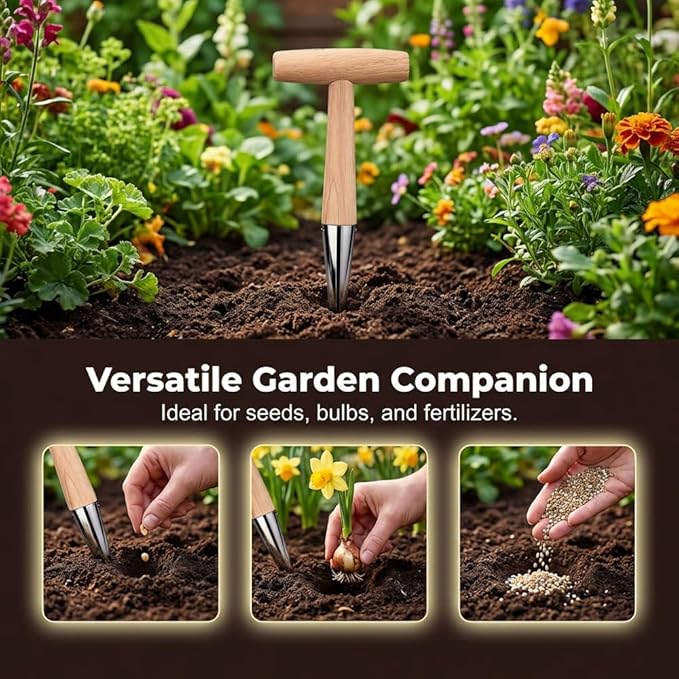 Hand Dibber Seed Dibber, Hand Dibber Garden Tool Bulb Planter Tool with Wooden Handle, Seed Planting Tool Plant Hole Digger for Garden Seeds Bulbs Flowers Tulips Daffodils Vegetables (2pcs)