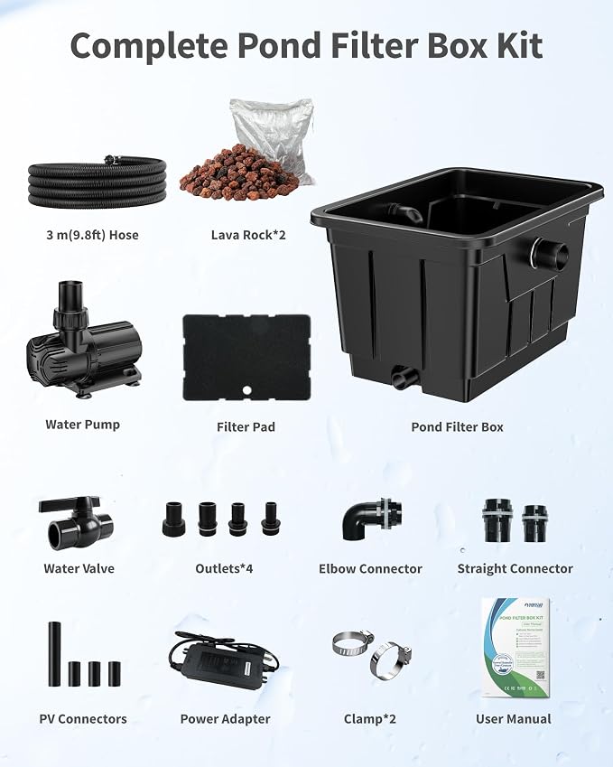 POPOSOAP Large Pond Filter Kit, 1200GPH Pond Filter with Quiet Pond Pump & 9.8FT Tube, Multiple Filtration System for for Koi Pond Garden Pond Water Clean & Clear-P2580