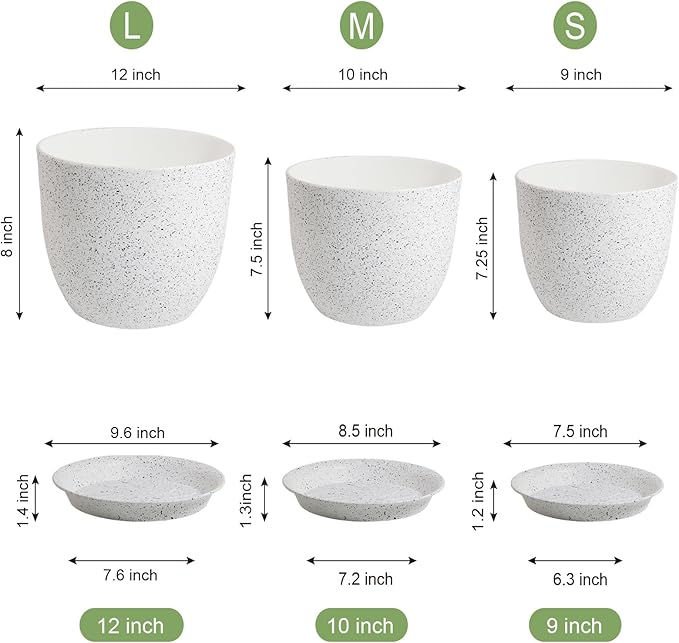 UOUZ 12/10/9 Large Modern Plant Pots, Plastic Planters with Drainage Holes and Saucers for Indoor Outdoor Plants Flowers, White Speckles