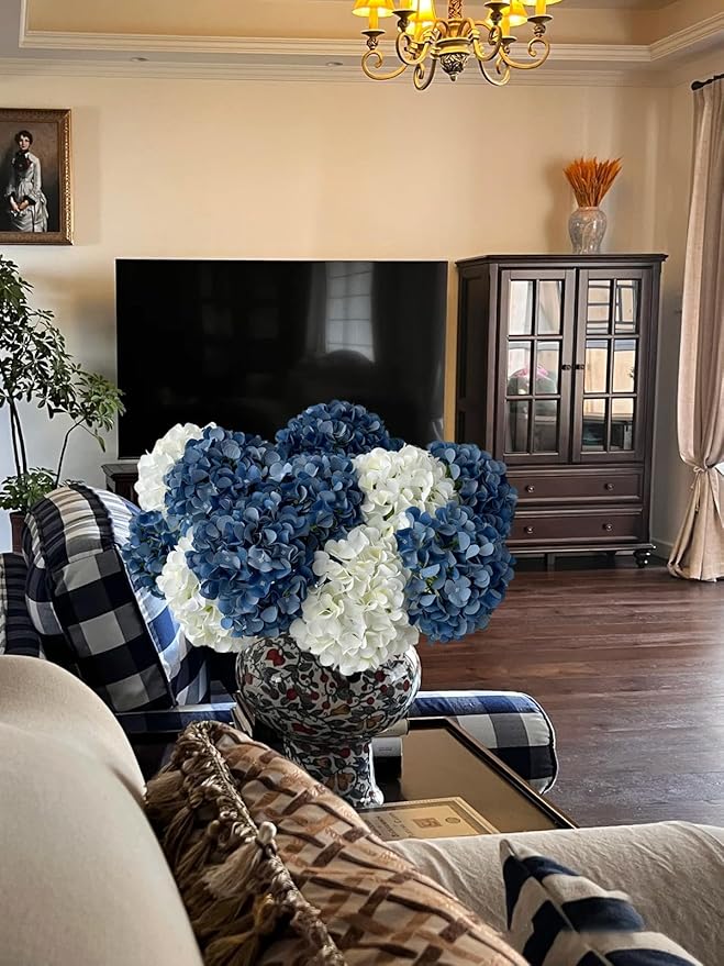 ZYTUYO 5 Pcs Dark Blue Silk Hydrangeas Artificial Flower Boho Dried Touch 20'' Faux Hydrangeas for Fall Indoor Home Decor Kitchen Living Room Outdoor Porch Wedding Flower Arrangement