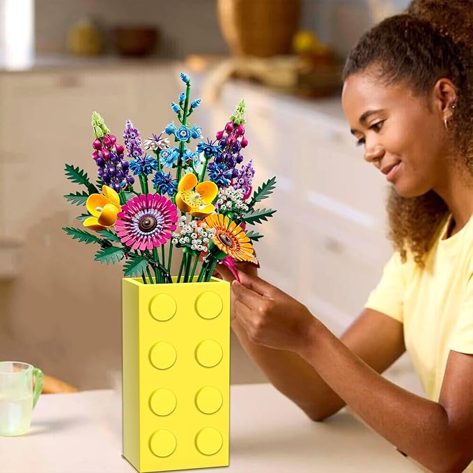 Vase for Lego 10347 10280 10328 Flowers, for Lego Flower Bouquet Building Set,Display Stand for LegoRoses Cherry Blossom Sunflower Tulips Daffodils Lotus-Gift for Lego Flowers Lover(vase only)-Yellow