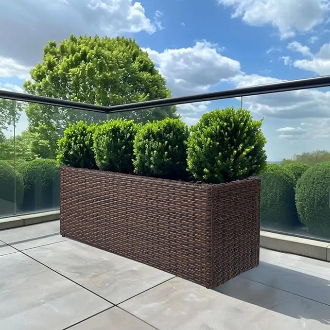 SUNNYPARK Brown Rectangular Planter Box All-Weather PE Rattan Large Modern Planters with Removable Liner Indoor Outdoor Decorative Flower Pot for Patio, Balcony, Garden