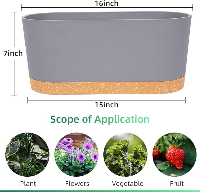 QCQHDU 16" L x 7.6" W x 7" H Window Planter Box, 2 Pack Self Watering Pots for Indoor Plants with Drainage Holes & Saucer, Outdoor Flower Pots Home Garden Modern Decor