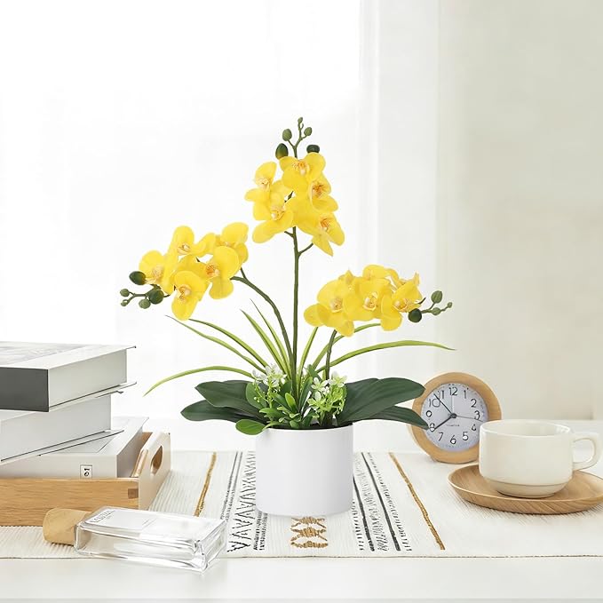 Garvee Real Touch Silk Phalaenopsis Orchid Artificial Flowers - 3 Stems Faux Orchid Bough with Vase, Lifelike Large Fake Flowers in Pot for Home Decor Living Room Bedroom Office Tabletop