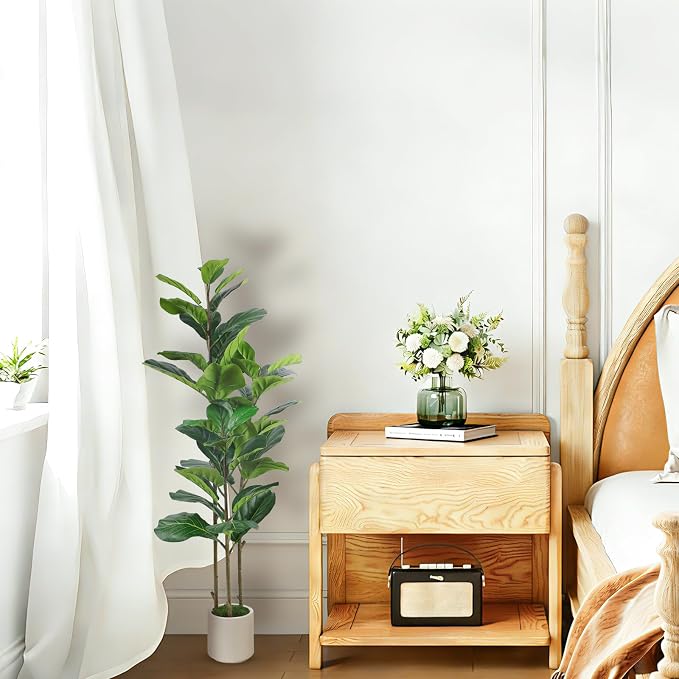 Alupssuc 4FT Artificial Fiddle Leaf Fig Tree with White Planter Pot, 4 feet Tall Fake Tree for Home Decor, Faux Ficus Tree Fake Moss for Indoor Outdoor Office Living Room