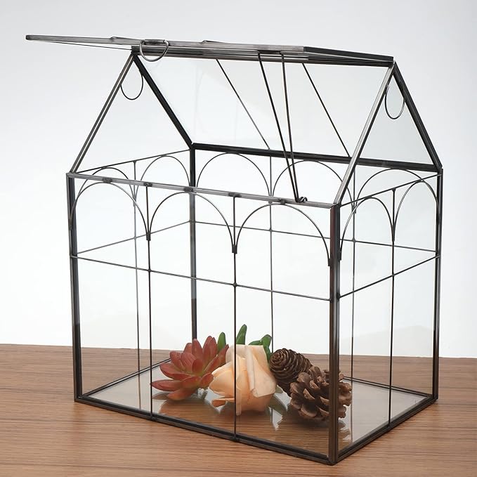 HighFree Geometric Plant Terrarium with Lid, House Succulent Terrarium Kit for Display, Air Plants, Succulents, Home Tabletop Miniature Terrarium, Not Airtight or Waterproof (Black)