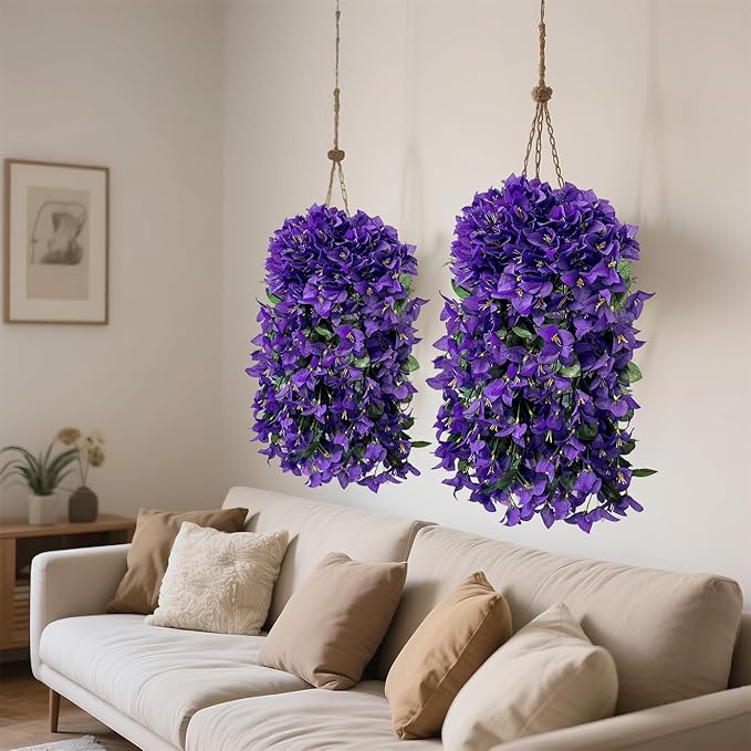 Artificial Flowers for Outdoors Fake Purple Bougainvillea Hanging Flower Decoration, 2Pcs Realistic Faux Silk Plants Long Trailing Vines, Spring Decor for Porch Patio Balcony Planter Yard