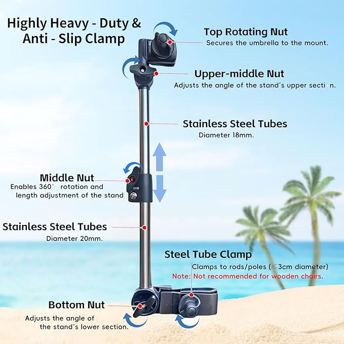 Beach Chair Umbrella with 360° Adjustable Clamp, 45in UPF 50+ Portable Folding Sun Shade for Outdoor Camping Wheelchair,Travel, Stroller, Patio, Golf Carts Plant Shade(Chair Not Included)