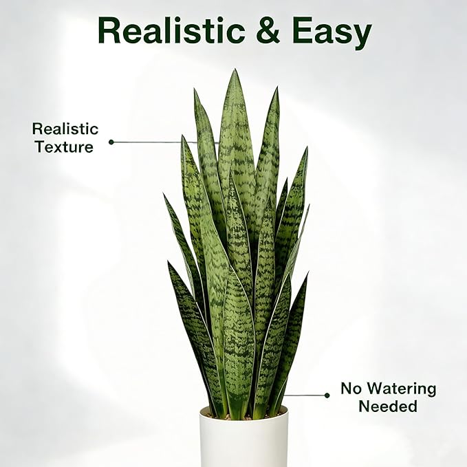 Fake Snake Plant, 27in Artificial Plant with White Pot Realistic Leaves, Low Maintenance Potted Plant for Indoor Decor, No Watering Needed, Perfect for Home, Office & Pet Areas