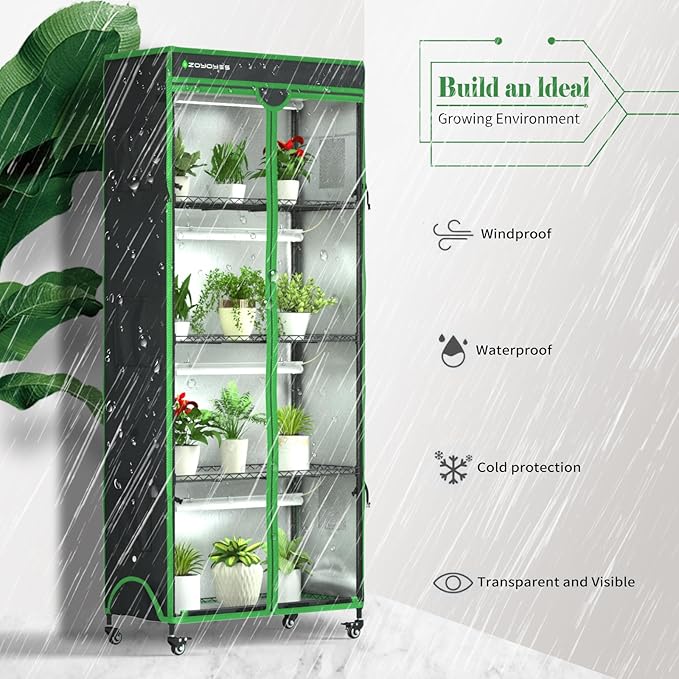 Indoor Greenhouse with Grow Light, 35.8" W x 17.8" D x 71.8" H, 5-Tier Plant Shelf with 3-Color T8 Growth Lights, Plant Stand with Smart Timing Plug and thermohygrometer
