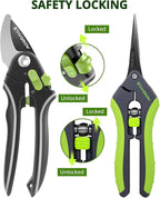 Gardening Scissors, Sharp Plant Trimming Scissors for Precise Cuts, Stainless Steel Pruning Shears Bonsai Clippers, 8.5" Bypass Garden Shears & 6.5" Straight Trimming Scissors 2 Pack