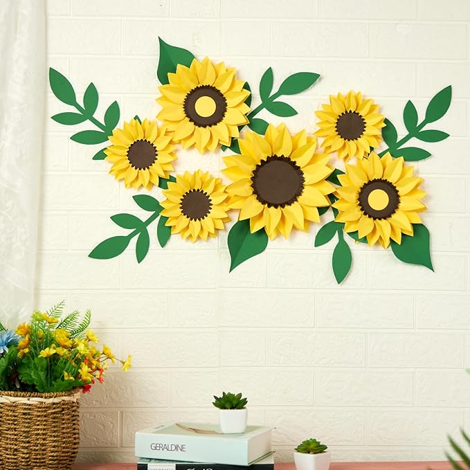 15pcs Sunflower Wall Decor, Paper Flower for Wall with 3D Artificial Flowers Yellow Bulletin Board Decoration Large Paper Flower for Background for Living Room Office Garden Wedding.