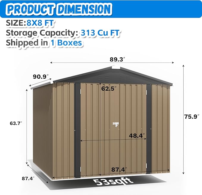 Greesum 8x8FT Outdoor Storage Shed, Utility Tool Shed with Sloping Roof, Metal Storaged Garden Shed with Door & Lock for Patio Storage, Brown