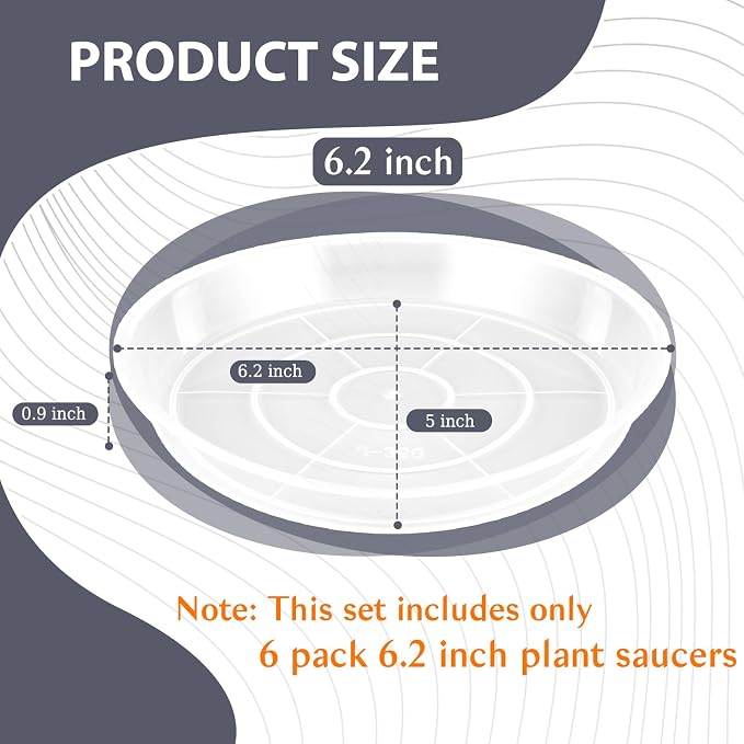 FUIJOL 6 Pack Clear Plant Saucer, Durable Plant Drip Trays Saucers for Pots, No Holes Water Catcher Trays for Indoor Outdoor Planter, Sturdy Base Plate (Clear, 6.2"-6Pack)