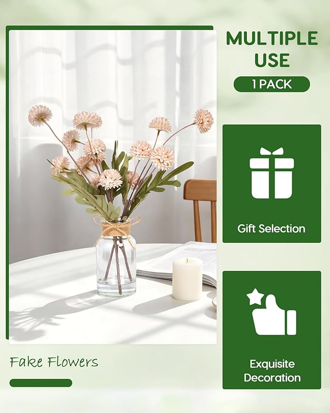 Velener Beige Faux Silk Mums Fake Flowers in Vase with Faux Water, Fake Plants Artificial Flowers for Home Decor Kitchen Bathroom Farmhouse Living Room Coffee Table Small Faux Centerpieces for Tables