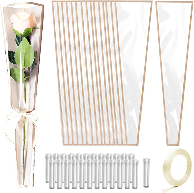 Bayurht 101 PCS Single Rose Sleeve Single with Ribbon and 50 Pcs Floral Water Tubes Flower Packaging Bags Single Flower Sleeve Flower Wrapping Bags for Bouquets Wrapping (White)