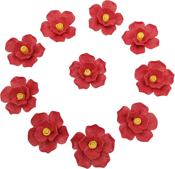 10 PCS 3D Flower Ceramic Tiles,1.6" Handmade Procelain Ceramic Flowers for Artwork,Fish Tank,Vases,Living Room, Dining Table,Office, Home Floral Decor (Double-Flowered Red)