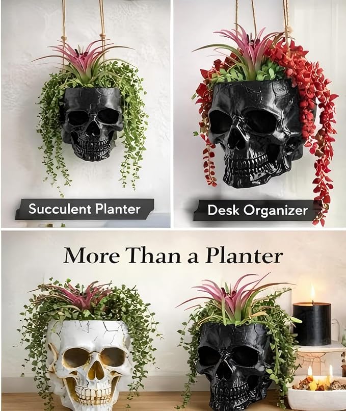Resin Air Plant Holders,Tilandsia Container,Gothic Skeleton Planter,Halloween Plant Pot,Tillandsia Pot, Skull Table Top Display Planters for Air Plants and Other Mini Plants (White No.2, 7*5*3.2'')