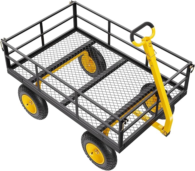 VEVOR 1200 Lbs Steel Garden Cart, Heavy Duty Pullable Garden Wagon Yard Cart, 2 in 1 Outdoor Metal Utility Wagon Yard Trailer with 13" All Terrain Tires, Mesh Removable Sides and 180°Rotating Handle