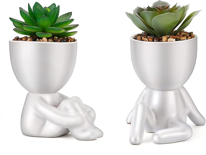 Fake Succulent, Mini Succulents Plants Artificial in White Modern Human Shaped Ceramic Pots Cute Desk Decor Pink Succulent for Office Decor for Women Girls, Desk Plant Cute Bathroom Decor 2PCS