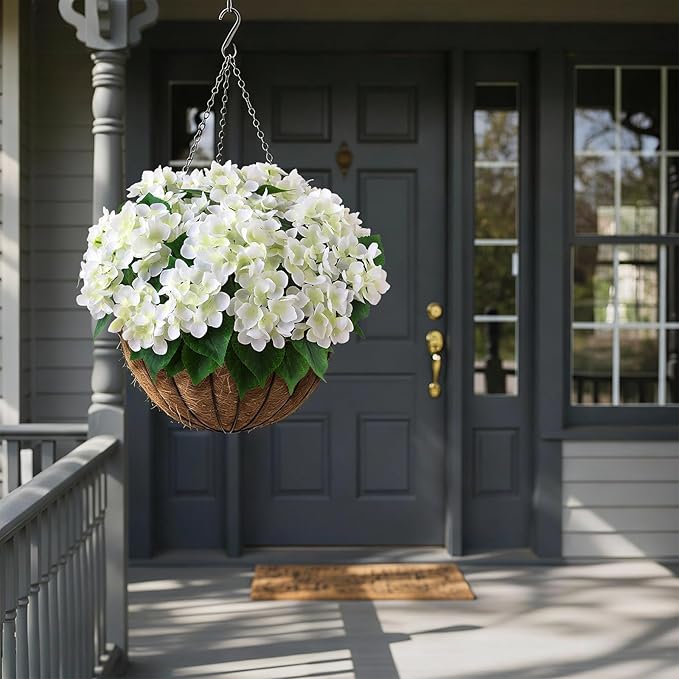 FOTEEWL 8 Bundles Artificial Hydrangea Flowers for Outdoor Decor, Realistic Faux Silk Bouquets Sun-Resistant Fake Plants for Front Door Balcony Farmhouse Garden Home Spring Summer Decor (White)