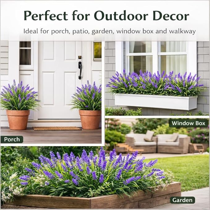 Artificial Flowers for Outdoors, 8 Bundles Faux Silk Spring Flowers for Outside for Planter Front Door Porch Yard Patio Window Box Home Decor (8pcs-Purple)