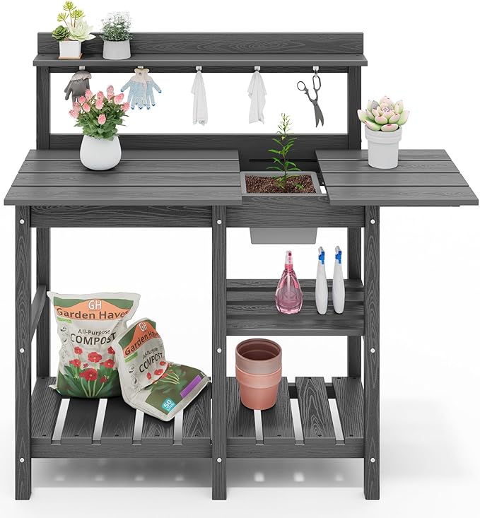 SERWALL Outdoor Potting Bench 2-Piece Set, Rot-Resistant HDPE Potting Table with Removable Sink for Outside Gardening, All-Weather Use - Gray