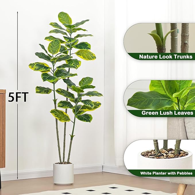 Ficus Tree Artificial Plants Indoor, 5FT Tall Fake Trees in White Pot, Large Potted Silk Floor Plant Artificial Trees, Green Lifelike Faux Ficus Tree for Home Room Office Porch Decor-Yellow