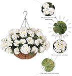 INSPRING Geraniums Artificial Flowers Hanging Basket for Outdoors Outside Spring Decoration, 8 Bundles Silk Flowers Fake Plants Look Real UV Resistant for Porch Home Patio Balcony Yard, White