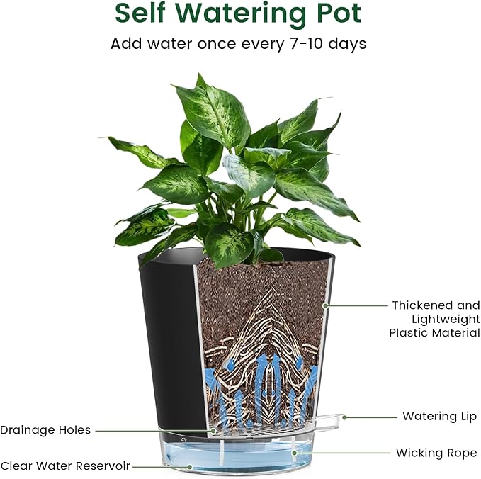 Meowell 7 inch Self Watering Pots for Indoor Plants, 5 Pack Plant Pots with Drainage Holes & Clear Reservoir for Visible Water Level, Plastic Wicking Planter Pots for House Plants and Flower, Black