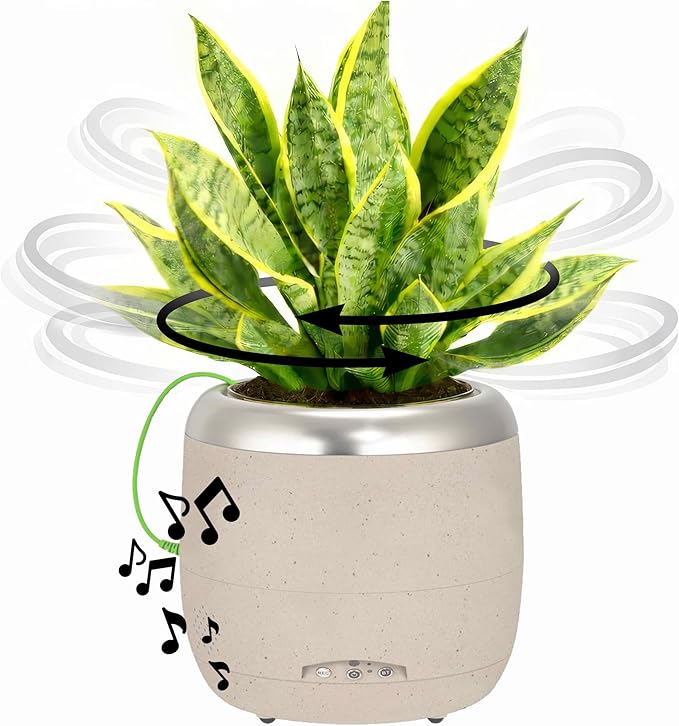 PLANTPETZ Extra Large Robotic Planter – Smart Planter Fits 6 Inch Pots | Bluetooth Speaker | Interactive Smart Plant Pot Turns A Real Plant Into a Touch/Motion Responsive Companion - Sand Beach Tan