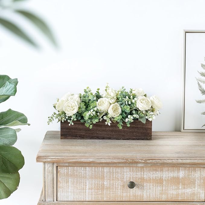 Dahey Centerpiece Table Decorations for Dining Room Farmhouse Living Room Wood Tray with 3 Artificial Flowers and 2 Eucalyptus for Kitchen Table, 14.1" x 4.7" x 3.1", White