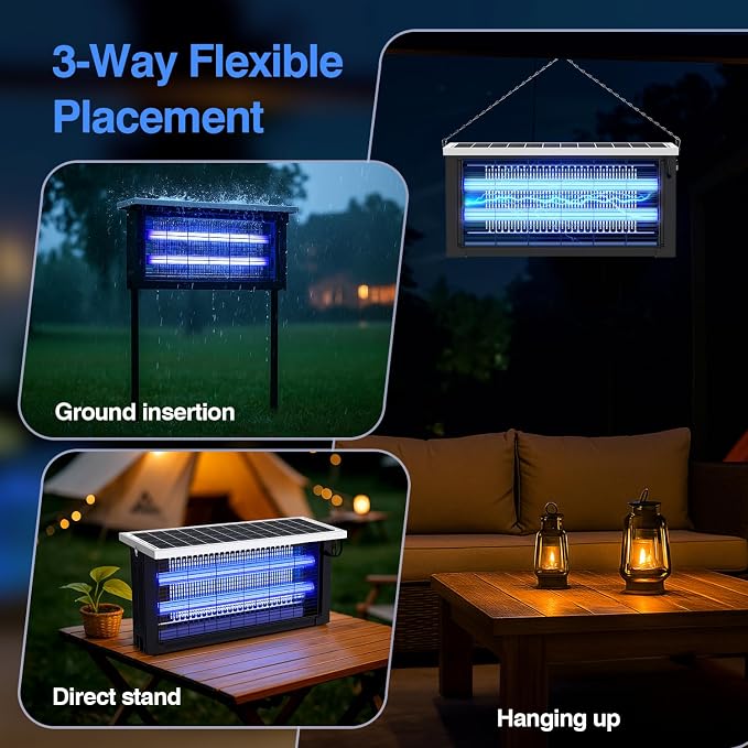 Solar Bug Zapper Outdoor, Powerful Mosquito Zapper, Electric Mosquito Killer Outdoor, Waterproof & Portable Fly Killer, Rechargeable Flying Insect Trap for Patio, Yard, Garden, Home, Camping, Black