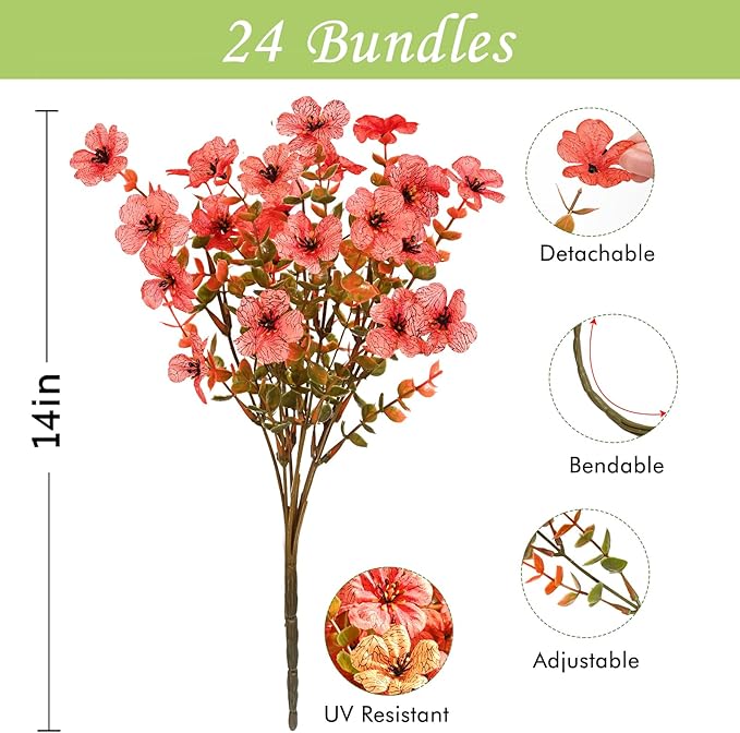 Waipfaru Artificial Fake Flowers Plants for Outdoor Decor, 24 Bundles Faux Plants Outdoor, UV Resistant Artificial Outdoor Plants, Silk Artificial Flowers for Outside Home Planter Porch Patio Decor