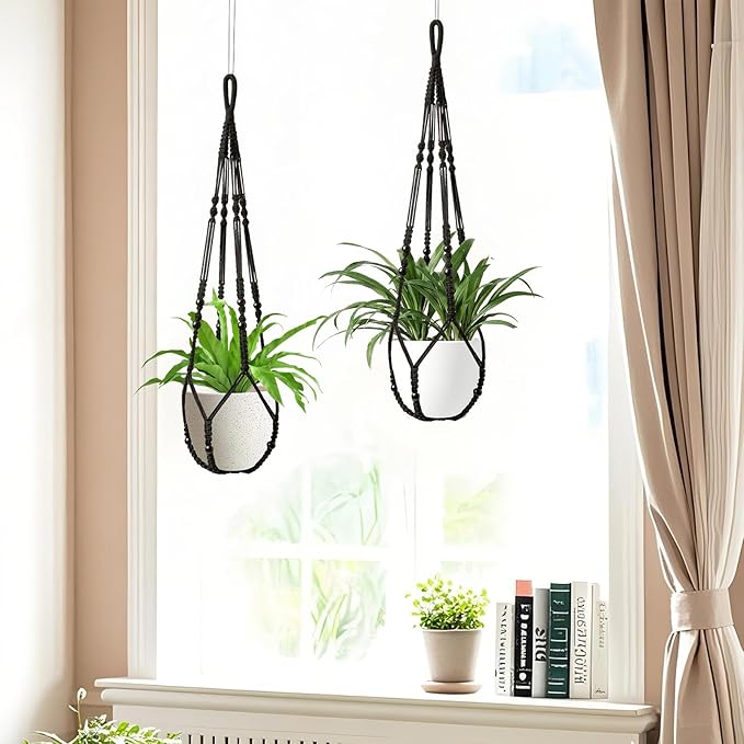 LEWESU Macrame Plant Hanger Indoor Set of 2 with 4 Hooks, Indoor Outdoor Hanging Planter for Plants Holder with Decorative Wood Beads & No Tassels, Boho Home Decor, 35 Inch Black (Pots Not Included)