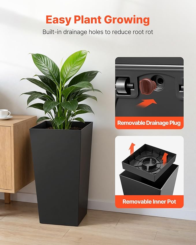VEVOR 26 Inch Tall Planter Set of 2, Outdoor Large Tall Planters for Outdoor Indoor Plants, Tapered Black Planter for Front Porch, Patio, Garden, Plant Container Flower Pots with Built-in Drainage