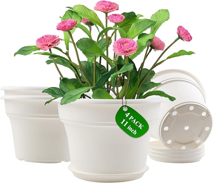 Pottiffe 11 Inch Plastic-Flower-Pot-for-Indoor-Plants, 4 Pack Large Outdoor Planter Pot with Drainage Holes & Saucers, Resin Decorative Garden Pots Planters