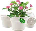 Pottiffe 11 Inch Plastic-Flower-Pot-for-Indoor-Plants, 4 Pack Large Outdoor Planter Pot with Drainage Holes & Saucers, Resin Decorative Garden Pots Planters